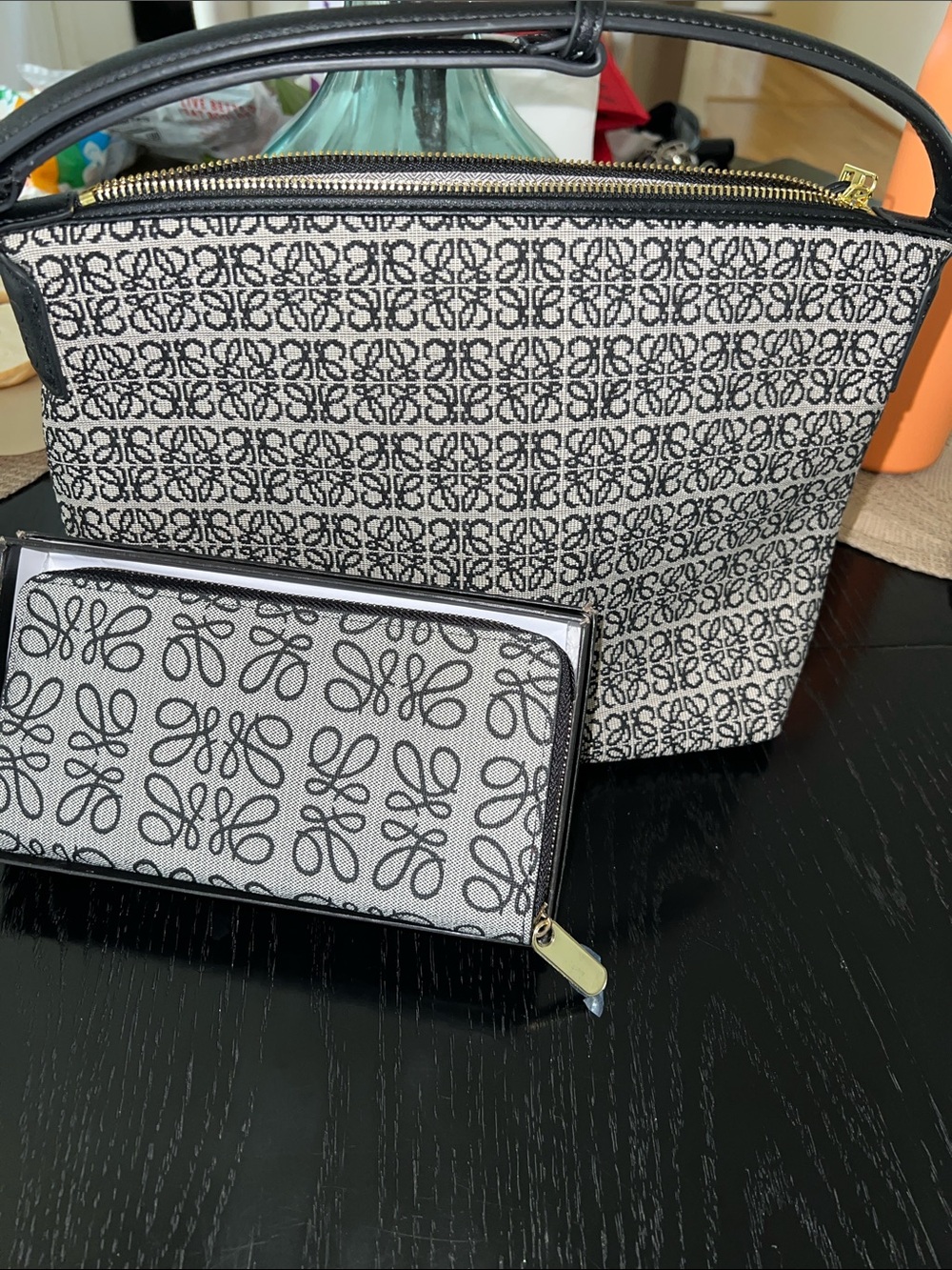 Monochrome Patterned Hobo Bag with Matching Wallet